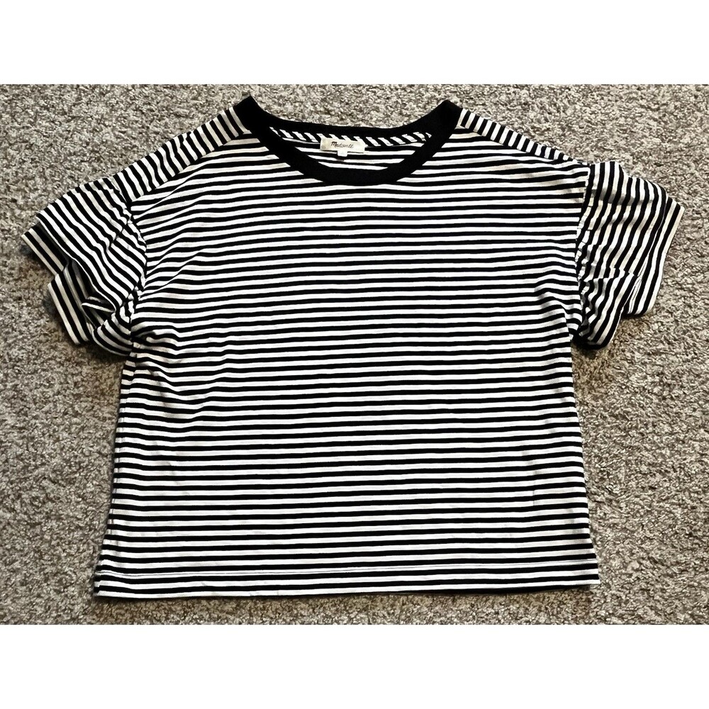 Women's Madewell Striped Ruffled Short Sleeve Shirt, Medium
